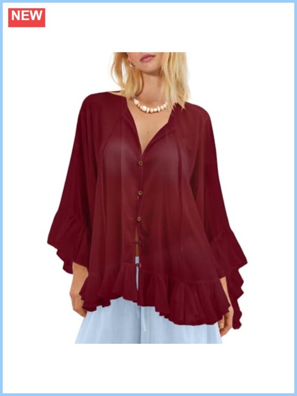 Boho Chiffon Button Down Blouse Ruffle Batwing Sleeve Flowy Sheer Top